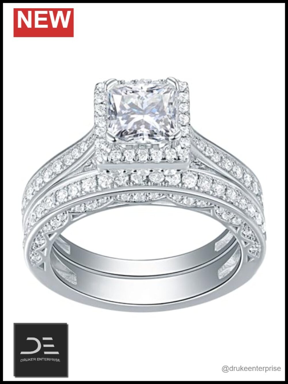 Princess Cut Cubic Zirconia Bridal Ring Set Wedding Engagement Band Silver